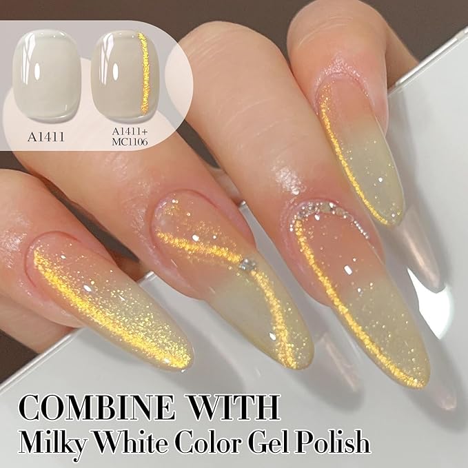 Double Rhythm 0.5 OZ Cat Eye Gel Polish with Magnet 15ML Holographic Glitter Shimmer Translucent Jelly Color Magnetic Polish Salon DIY at Home (Jelly Gold-MC1106)