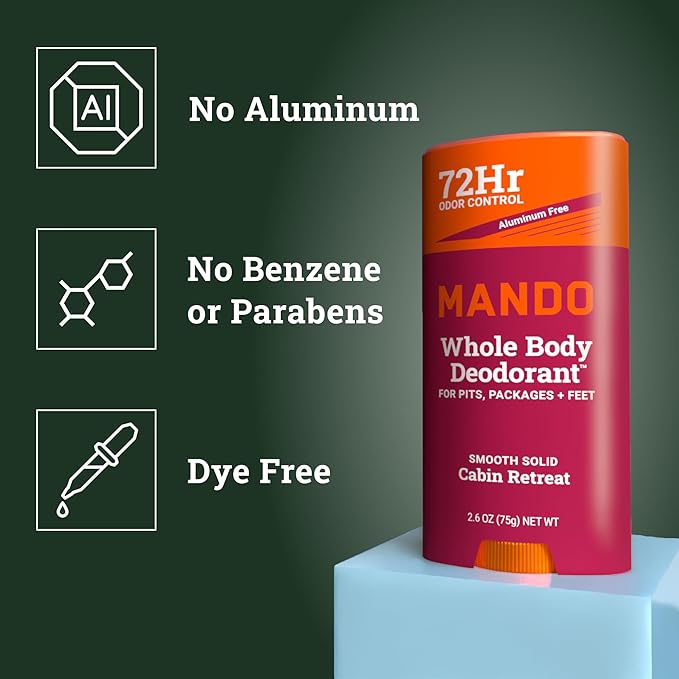 Mando Whole Body Deodorant For Men - Smooth Solid Stick - 72 Hour Odor Control - Aluminum Free, Baking Soda Free, Skin Safe - 2.6 Ounce (Pack of 2) - Cabin Retreat Limited Edition Scent