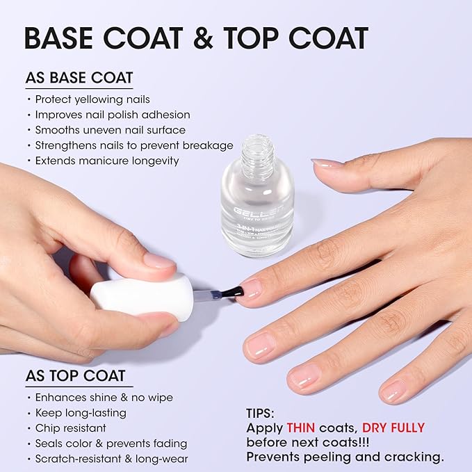GELLEN 3-In-1 Clear Nail Polish Base Top Coat, Nail Strengthener Growth, Breathable Nail Polish, Treatment For Damaged Dry Nails, Keratin & Vit E, Air Dry, Hema Free, Non-toxic, Anti-yellowing