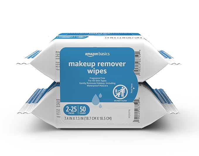 Amazon Basics Makeup Remover Wipes, Fragrance- and Alcohol-Free, Gentle Cleansing, Removes Waterproof Mascara, Dermatologist Tested, 25 Count, Pack of 2