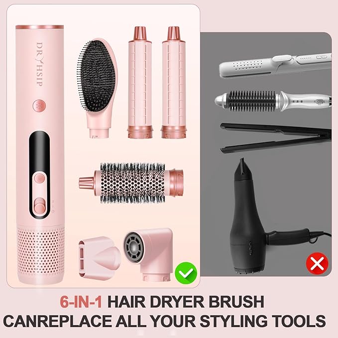 6 in 1 Air Styler Set & Hair Dryer Brush, 110,000 RPM High-Speed Negative Ionic Hair Dryer Fast Drying, Multi Professional Hot air Styler for Curling Volumizing Straightening Styling(Pink)
