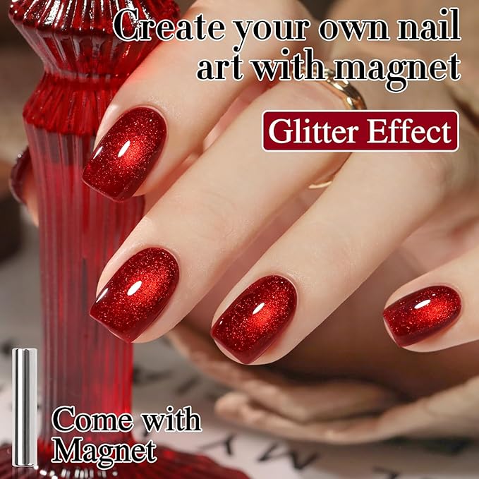 Double Rhythm 0.5 OZ Cat Eye Gel Polish with Magnet 15ML Holographic Glitter Shimmer Translucent Jelly Color Magnetic Nail Polish Salon DIY at Home (Blood Red-MC1046)