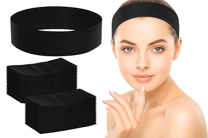 WILLBOND 200 Pieces Disposable Spa Facial Headbands Stretch Non Woven Facial Headband Skin Care Hair Band with Soft Convenient Closure for Women Salons(Black)