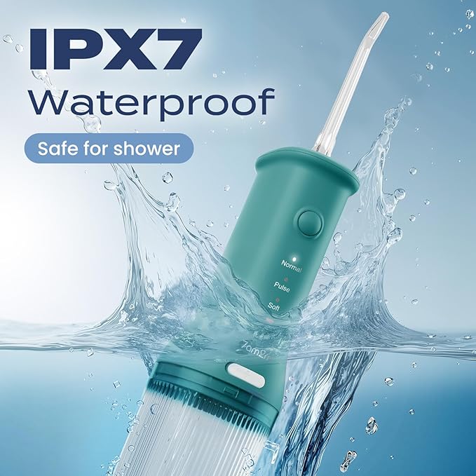 7AM2M Portable Water Flosser Cordless, Water Flosser for Teeth with 3 Modes and 2 Jet Tips, USB C Rechargeable, IPX7 Waterproof, Dental Water Flosser for Travel and Home Use (Peacock Green)