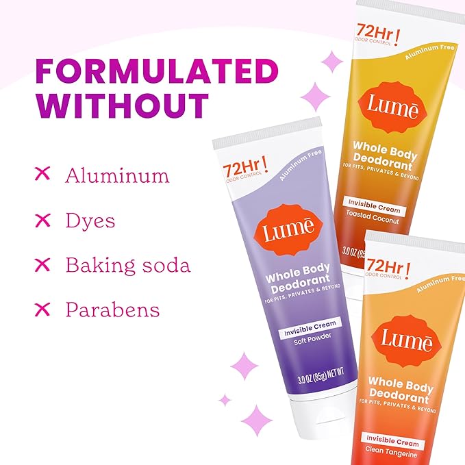 Lume Whole Body Deodorant - Invisible Cream Tube - 72 Hour Odor Control - Aluminum Free, Baking Soda Free, Skin Safe - 3.0 ounce (Pack of 3) (Toasted Coconut, Soft Powder & Clean Tangerine)
