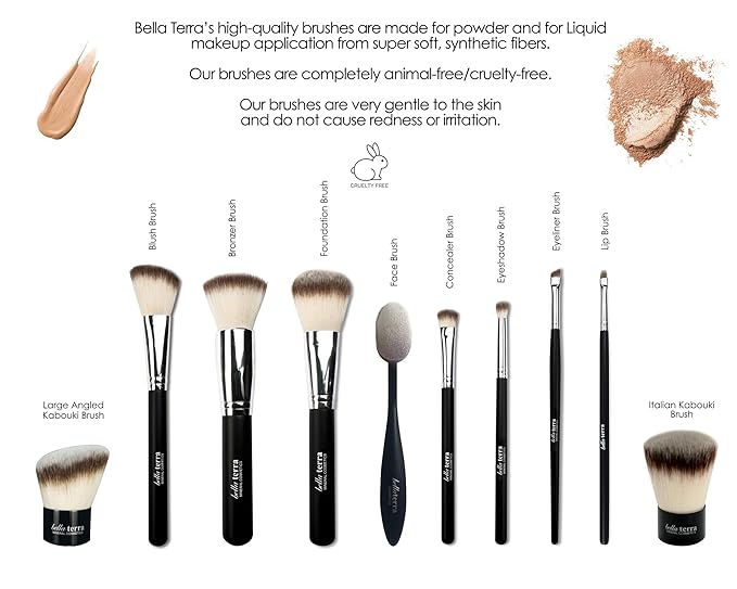 BellaTerra Cosmetics 10-Piece Makeup Brush Set – Travel Compact Vegan & Cruelty-Free Tools with Soft Synthetic Bristles – Black Handle Brushes for Foundation, Powder, Blush, Eyeshadow, and Highlight