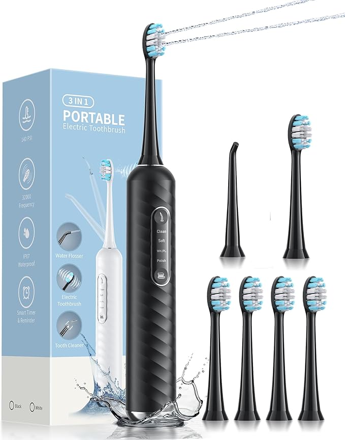 Electric Toothbrush with Water Flosser – 2-in-1 Teeth Cleaning Kit, Electric Toothbrush and flosser Combo,Toothbrush with 3 Cleaning Modes, Portable Water flosser Design for Home & Travel (Black)