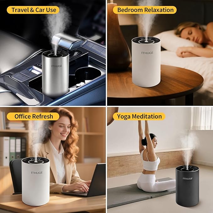 Waterless Essential Oil Diffuser, Portable Aromatherapy Diffuser with 20mL Empty Bottle, Battery Operated Mini Scent Diffuser,3 Mist Levels & Timers, Leak-Free, for Home, Car, Office(E200B)