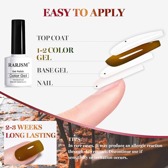 RARJSM Jelly Stained Glass Gel Nail Polish Set 6pcs Clear Amber Yellow Cherry Red Orange Olive Green Crystal Transparent Series Sheer Gel Varnish Curing Requires Soak off Home Salon French Manicure