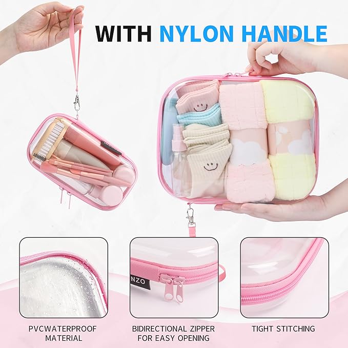 3 PCS Clear Hard Shell Zipper Case With Handle Strap，Clear Plastic Waterproof Cosmetic Makeup Bags Toiletry Pouches for Travel With Double Zipper，Kid's Toy Storage Organizer Bins Box