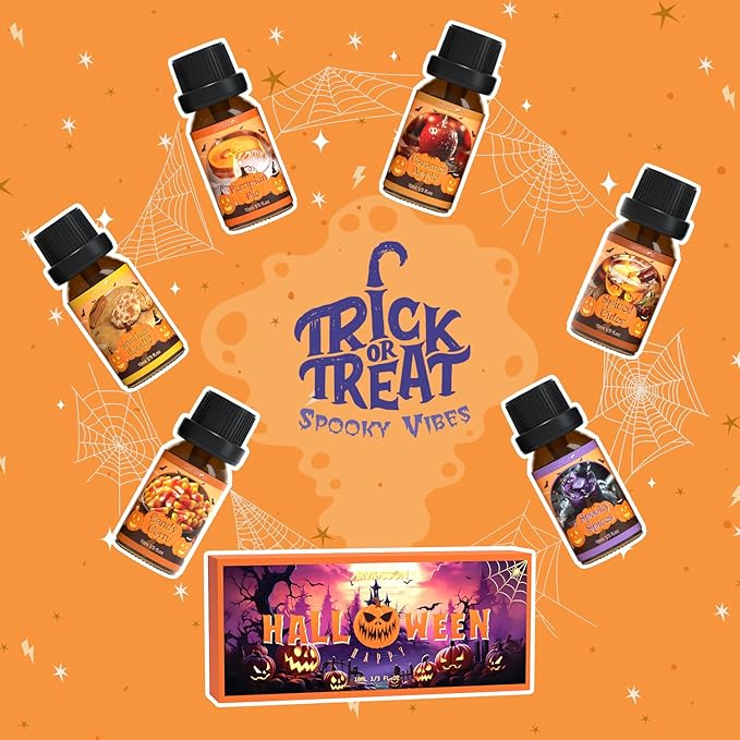 ARVIDSSON Halloween Fragrance Oils Set, Fall Essential Oils for Diffuser - Pumpkin Pie, Spiced Cider, Caramel Apple, Candy Corn, Snickerdoodle, Spooky Spices, Autumn Scented Oil Gift for Women