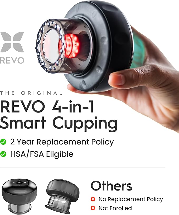 REVO The Original 4-in-1 Smart Cupping Therapy Massager, Red Light Therapy for Targeted Pain Relief, Knots, Aches, Muscle Soreness, Circulation & Tighter Skin, Portable Cupping Kit (Four Pack)