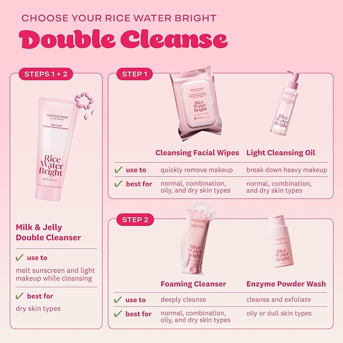 The Face Shop Rice Water Bright Milk & Jelly Double Cleanser, Double Cleansing in Half the Time, 2-in-1 Makeup Remover & Face Wash, Hydrating & Moisturizing, Korean Skin Care, Vegan, 6.4 fl. oz.
