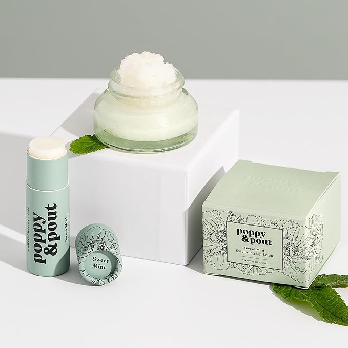 Poppy & Pout Lip Care Set | Lip Balm & Scrub | Sustainable Cardboard Tubes & Glass Jars, All Natural, Beeswax, Coconut Oil, Cruelty Free, Exfoliating & Moisturizing Lip Treatment (Sweet Mint)