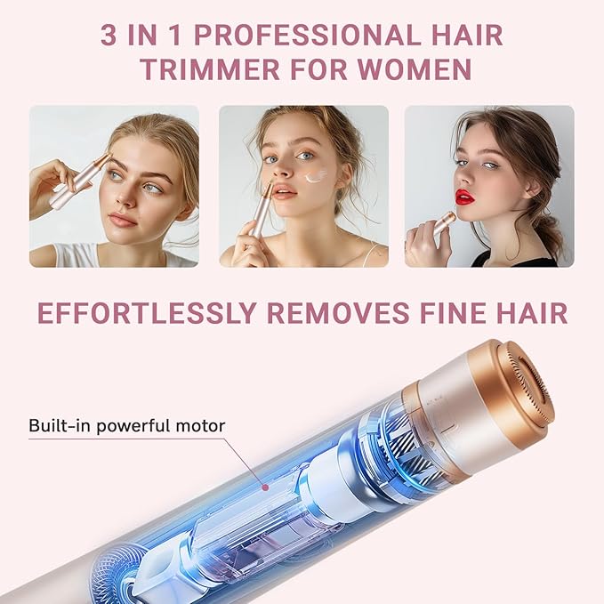 Electric Eyebrow Trimmer, 3 in 1 Facial Hair Remover for Women, Waterproof Rechargeable Hair Shaver for Face Eyebrow Leg Bikini Nose, Painless Facial Razor Epilators with 3 Guide Combs