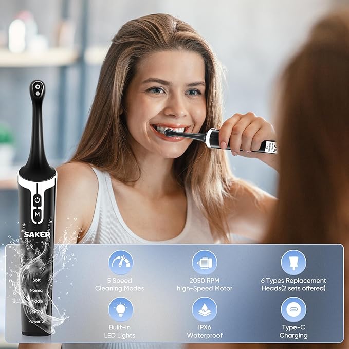 Saker Tooth Polisher, 2 Set Replacement Polishing Brush Heads(12pcs) Included, Rechargeable Tooth Polishing Kit, Dental Teeth Polisher with LED Light, 5 Speed Modes, Waterproof