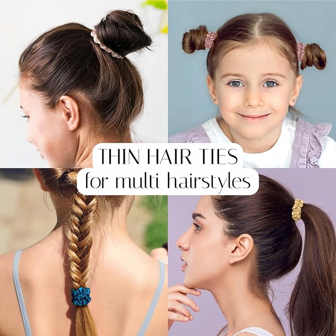 OLESILK Silk Hair Ties for Women: 100% Mulberry Skinny Silk Scrunchies, Soft Smooth No Damage No Crease for Thin Fine Curly Hair 5 Pack, Multi-5