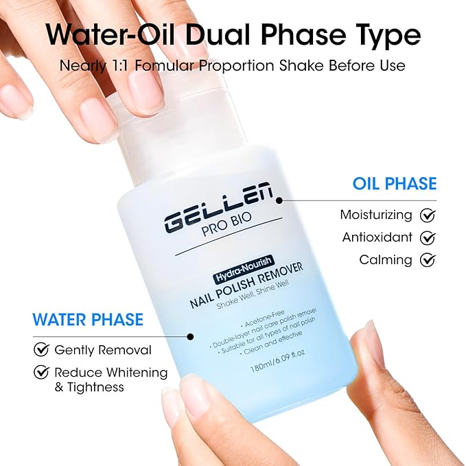 Gellen Non Acetone Nail Polish Remover, Non Toxic Fingernail Polish Remover for Quick Dry Nail Polish, Ocean Scent Dual-phase Nourishing Gentle Nail Polish Remover with Easy Push-down Pump, 6.09 Fl Oz