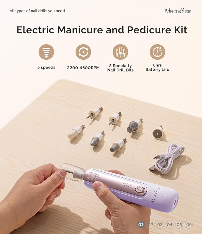 MelodySusie Cordless Pedicure & Manicure Nail Drill Kit, PC760G for Salon-Quality Foot Care for Home & Travel, Rechargeable with 5 Speeds, 8-in-1 Bits, 360° LED Light & Anti-Dust Shield, Purple