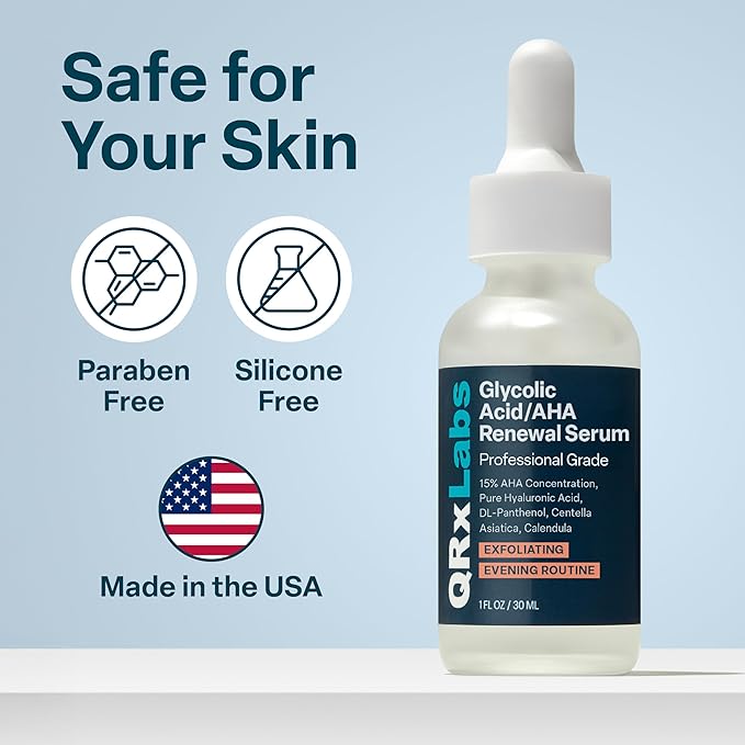 QRxLabs 15% Glycolic Acid Face Serum - 1 Fl Oz - Brightening Serum & Exfoliating Treatment - Skin Care for Dark Spots, Fine Lines & Wrinkles