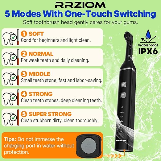 Tooth Polisher, RRZIOM Rechargeable Teeth Polisher for Teeth Whitening and Cleaning Kit, Waterproof Tooth Polish Dental Tools with LED Light, 5 Brush Heads, 5 Speed Modes, Tooth Polishing Kit