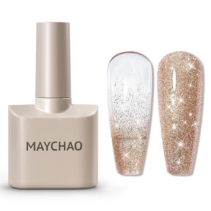 MAYCHAO 15ML Champagne Gold Gel Nail Polish 1Pc Champagne Glitter Shimmer Nail Polish Gel Soak Off UV LED Nail Art Starter Manicure Salon DIY at Home, 0.5 OZ