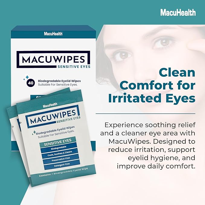MacuHealth MacuWipes Sensitive - Pre-Moistened Eyelid Wipes for Dry, Sore & Gritty Eyes, Alcohol-Free, Rinse-Free Formula with Tea Tree Oil & Micellar Water, Individually Wrapped - 20 Count
