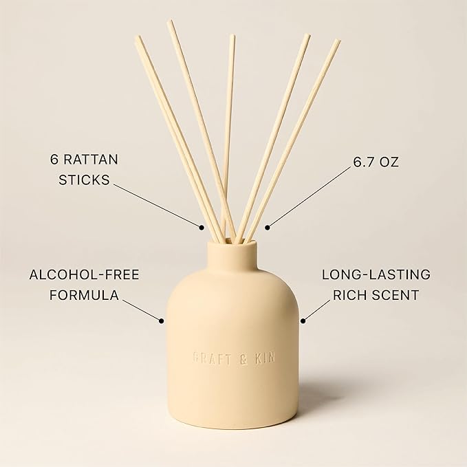 Craft & Kin Christmas Reed Diffuser for Home & Bathroom – Neroli & Jasmine Holiday Reed Diffuser Set with Fragrance Sticks, Long-Lasting Alcohol-Free Winter Scent, Earthenware Collection, 6.7oz