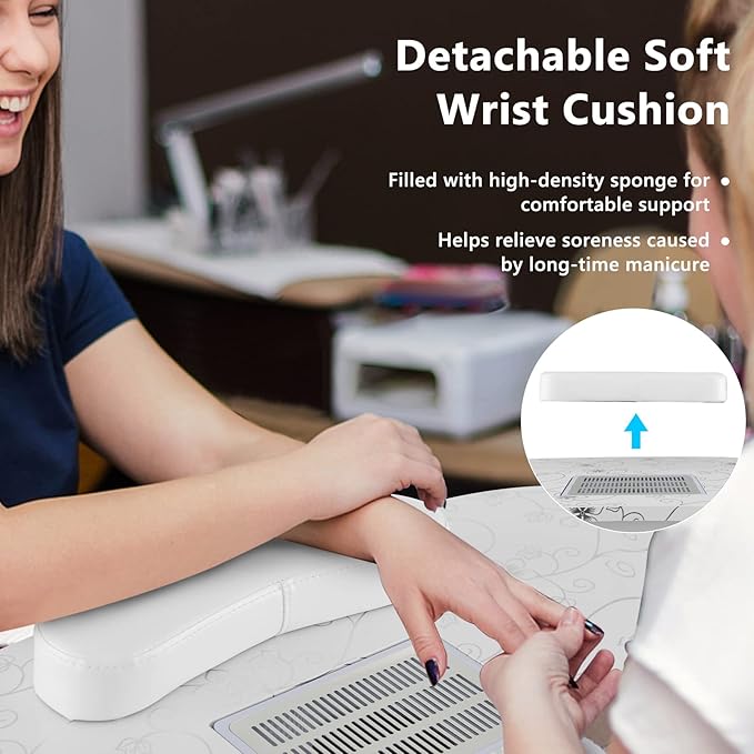 S AFSTAR Portable Nail Table, 35" Foldable Manicure Table with Electric Dust Collector, Bendable LED Lamp, Carry Bag & 4 Lockable Wheels, Professional Nail Desk Nails Salon Station (White)