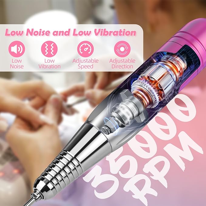CIVPOWER Nail Drill Professional: 35000RPM Electric Nail File - Portable Rechargeable LED Display Nail Tool Kit- Manicure Pedicure Salon Home DIY Pink