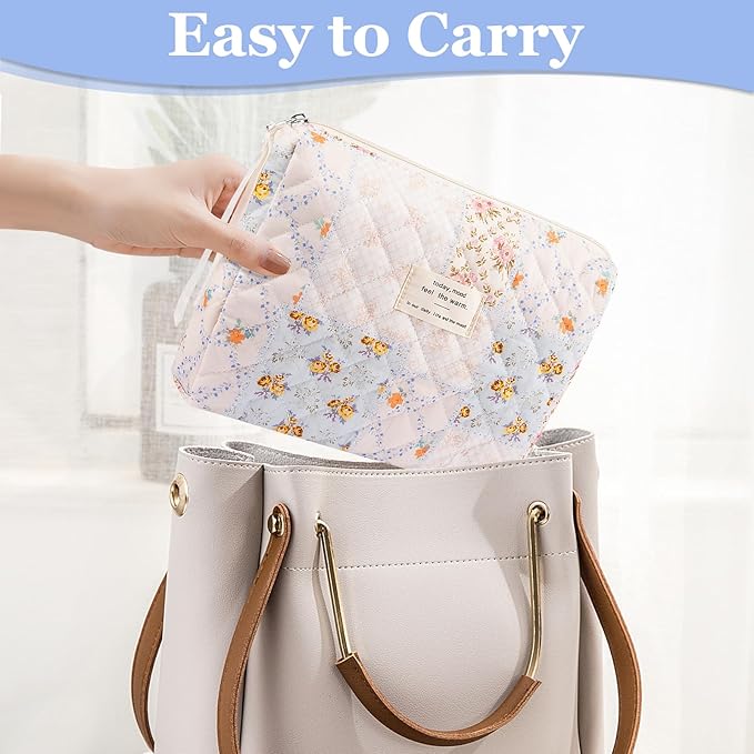 2PC Makeup Bag Set, Cute Cosmetic Bag for Women Girls, Floral Coquette Aesthetic Toiletry Bag, Travel Make Up Organizer Bag (Folk Style)