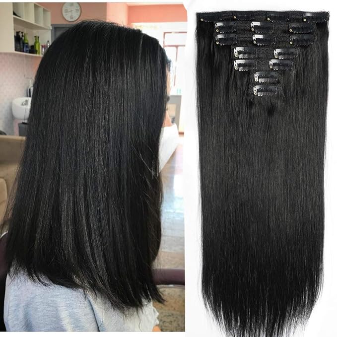 14" Clip in Human Hair Extensions Full Head 110g 7 Pieces 16 Clips 1# Jet Black Double Weft Brazilian Real Remy Hair Extensions Thick Straight Silky (14",110g Jet Black)