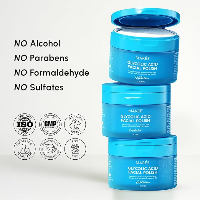 MAREE Glycolic Acid Polishes 2 PACK - Toner Polishes for Face Cleansing - Tea Tree Oil, Salicylic Acid & Vitamins E, B3, B5 - Facial Peel & Radiance Deep Cleaning Effect