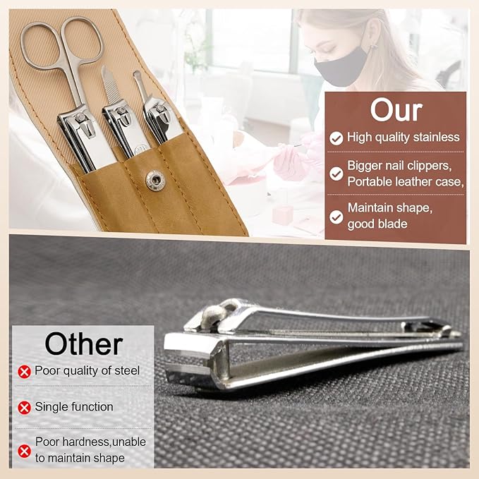 Premium Stainless Steel Nail Clippers Set - Travel Grooming Kit, 6pc Manicure/Pedicure Tools with PU Case - Unisex Gift for Men and Women(D-Khaki)