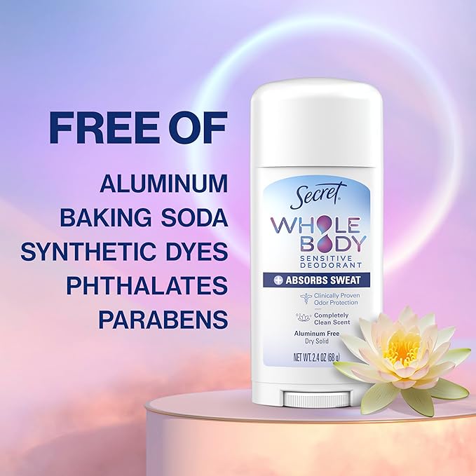 Secret Whole Body Deodorant Dry Feel Stick + Absorbs Sweat for Women, Naturally Derived Ingredients, Completely Clean Scent, Aluminum Free Deodorant Stick, 72 HR Odor Protection, 2.4 oz