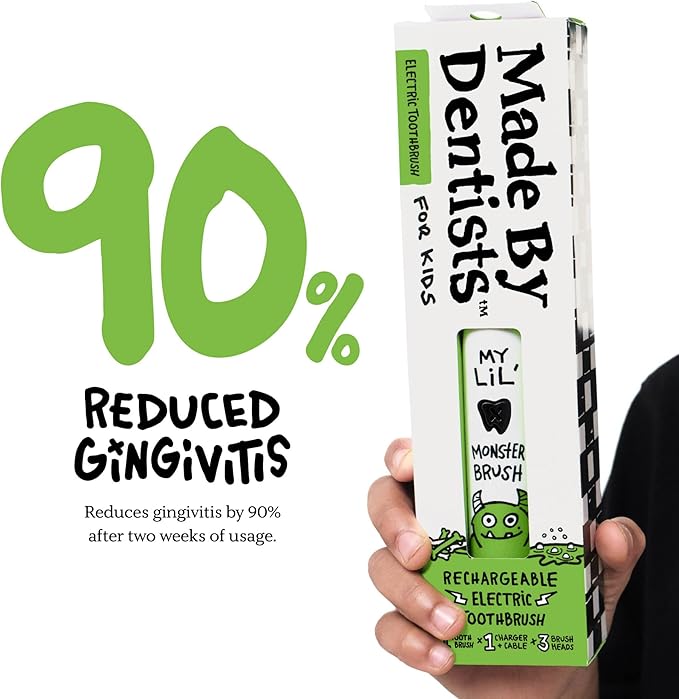 Made by Dentists Kids Electric Toothbrush - Rechargeable Vibrating Toothbrush with Timer, Includes 6 Replacement Heads, Gently Cleans Teeth, Girls and Boys, Kid & Toddlers Age 2+, Monster