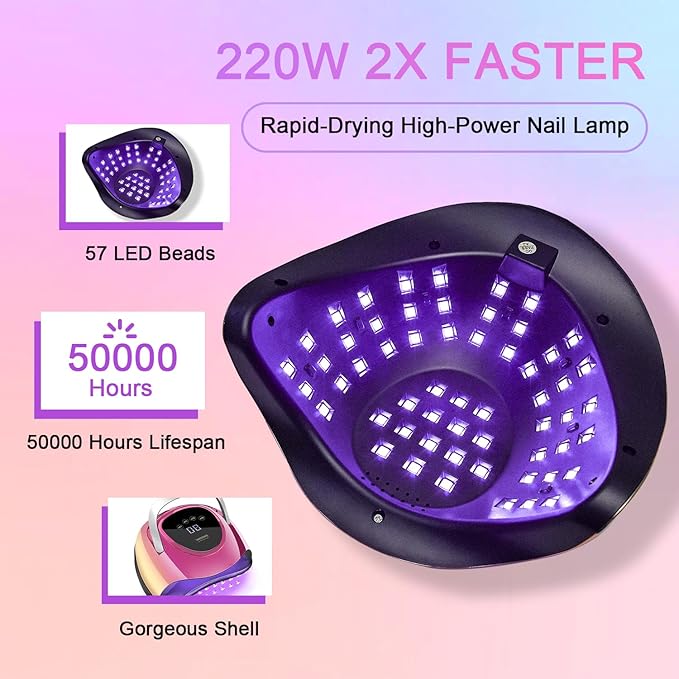 JEWHITENY 57 Pcs LED Beads U V Nail Lamp : 220 W Professional Nail Dryer with 4 Timers & Automatic Sensor Fast Curing U V Light for Gel Nails Professional Manicure Tool
