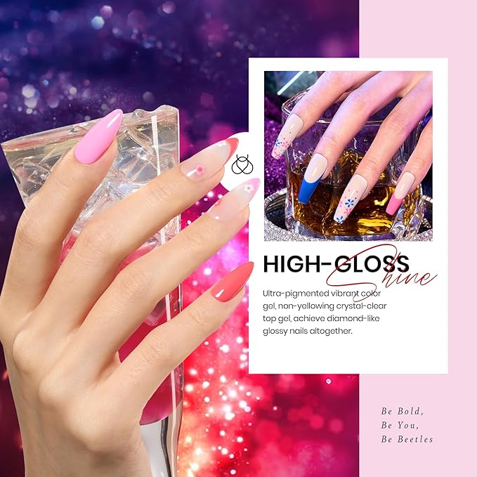 Beetles Pink Gel Nail Polish, Red Purple Nude Blue Glitter 20 Colors Gel Polish Set Romance Rebellion with Base & Top Coat, Soak off Uv LED Cured Nail Art Design Salon Home Gift for Women