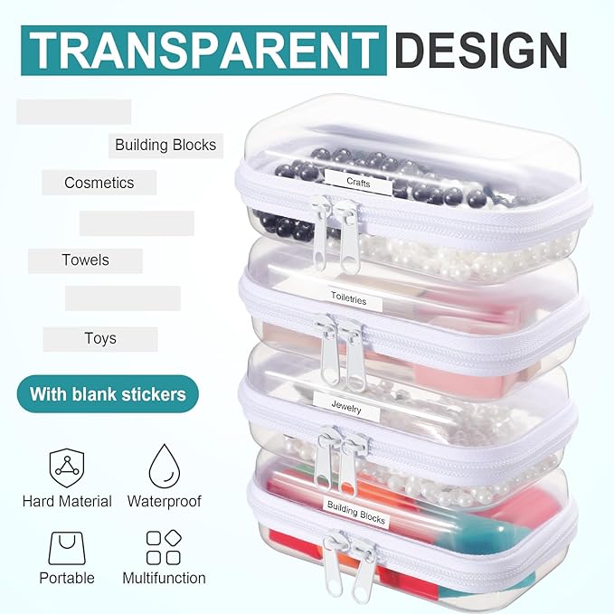 Sanwuta 10 Pcs Hard Zipper Case Clear Hard Pouches Plastic Zipper Pencil Box Toy Storage Bins Portable Plastic Container for Travel Toiletry Office Cosmetic Block Puzzle Organizer(Xs,Clear)