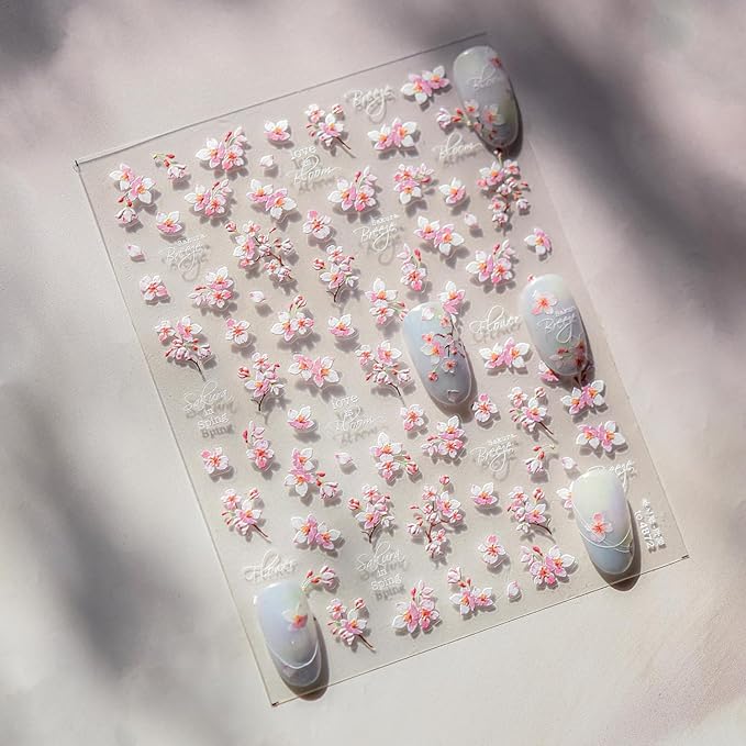 Flower Nail Stickers for Nail Art 5D Self Adhesive Nail Decals Spring Summer Nail Art Stickers White Pink Floral Nail Supplies Manicure Decoration for Women Girls