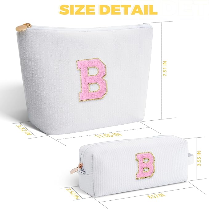 Bridesmaid Gifts Wedding Day - Bridal Shower Gifts,Maid of Honor Gifts,Initials Makeup Bag Set Cosmetic Bag - White,B