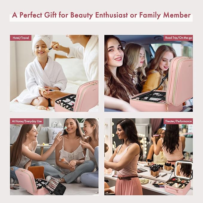 Travel Makeup Bag with LED Mirror Double Layer, Detachable Vanity Mirror with Lights, Tri-light Dimmable, Makeup Case with Adjustable Dividers and Brush Holder Cosmetic Organizer Storage Box