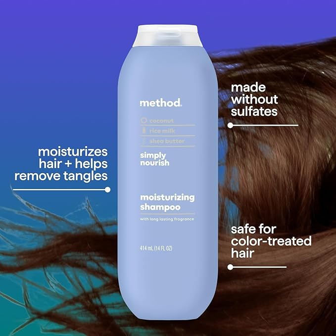 Method Moisturizing Shampoo, Simply Nourish with Shea Butter, Coconut, and Rice Milk Scent Notes, Paraben and Sulfate Free, 14 oz (Pack of 1)