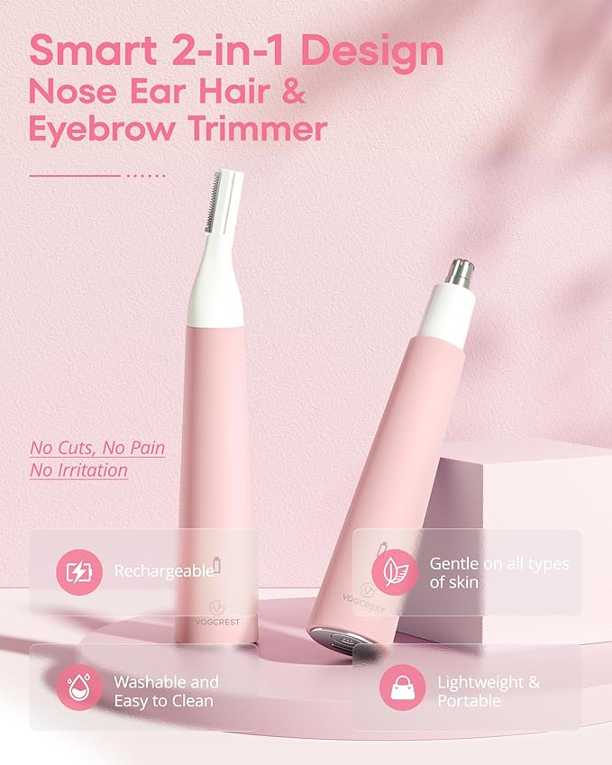 VG VOGCREST Nose Hair Trimmer for Women: Rechargeable Painless Eyebrow Trimmer - Low Noise Portable Facial Hair Removal for Ladies Aged 18-55 - Home Party Travel, Christmas Gifts (Bright Pink)