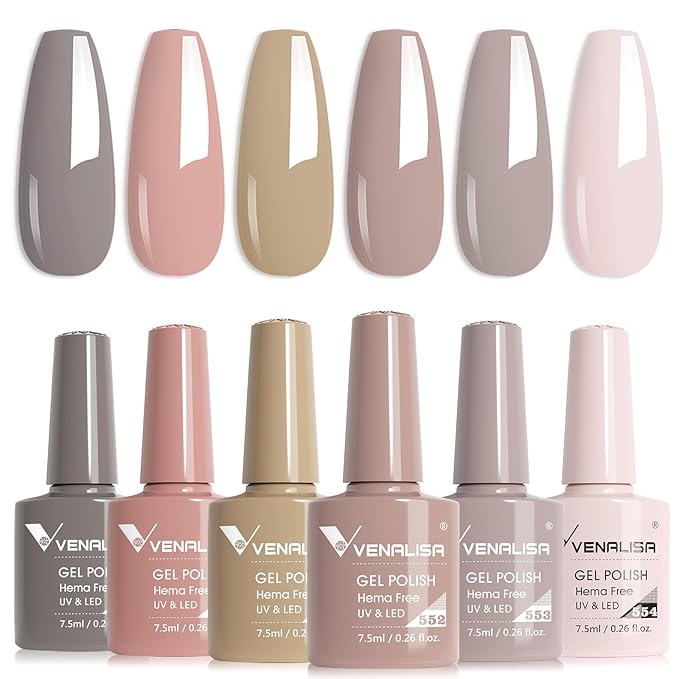VENALISA Neutral Nude Gel Nail Polish Set, 6 Colors Grey Nude Light Brown Gel Polish UV Gel Soak Off For Nail Salon DIY Home Manicure