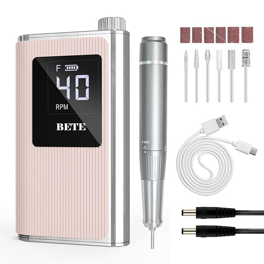 BETE Professional Nail Drill, 40000 RPM Cordless Electric Nail File Kit with 6 Bits, Rechargeable Efile for Acrylic Gel Nails Polishing, Manicure Tools for Salon Home Use, Pink