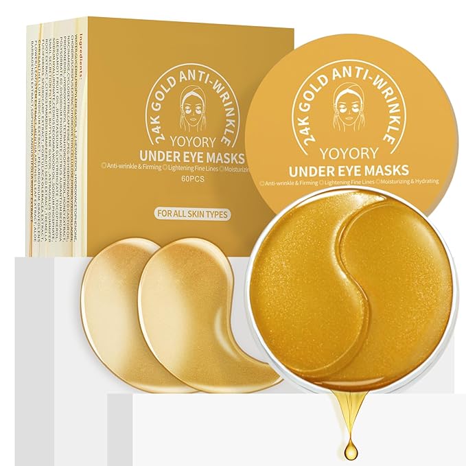 Under Eye Patches Masks - 24K Gold Eye Patch for Dark Circles & Puffy Eyesg,Fine Lines,Eye Bags, Wrinkle,Collagen Infused with Hyaluronic Acid, Hydration for Women and Men, (60 Pcs) Gold