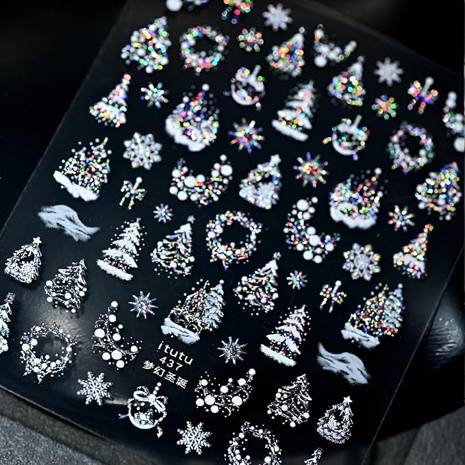 Christmas Nail Stickers for Nail Art 5D Embossed Colorful Xmas Tree Nail Art Stickers Colorful Christmas Nail Decals Silver White Snowflake Nail Art Supplies Design for Women Girls