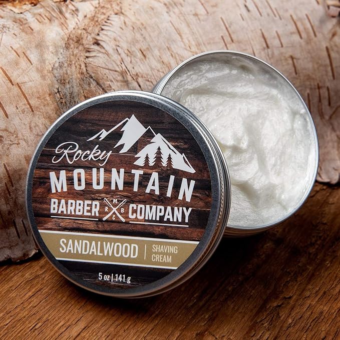 Shaving Cream for Men with Sandalwood Essential Oil - Thick Lather for Traditional and Cartridge Shaving - by Rocky Mountain Barber Company – 5oz Tin
