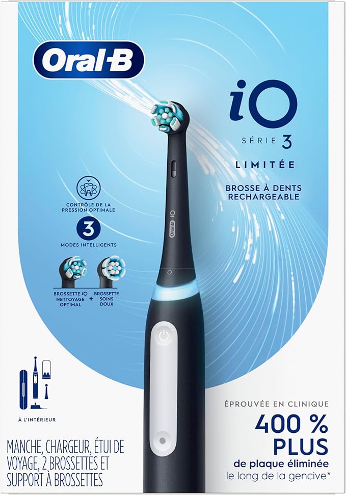 Oral-B iO Deep Clean Rechargeable Electric Powered Toothbrush, Black with iO Series 3 Limited, 2 Brush Heads and Travel Case - Pressure Sensor to Protect Gums - 3 Cleaning Settings - 2 Minute Timer